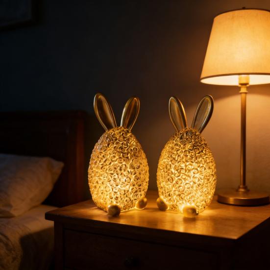 Rose Rabbit Figurine Resin Light-up Rabbit Ornament Easter Bunny Egg Figurine with LED Light for Home Party Decoration Holiday Gift