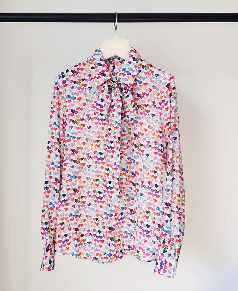 Clearance Women's Silk Long-Sleeve Shirt with Colorful Heart Print & Removable Bow