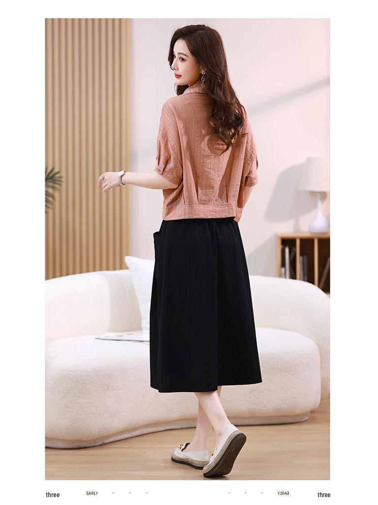 2025 Summer Plus Size Two-Piece: Skirt & Shirt Collar Top - Casual, Loose, Age-Reducing for Women