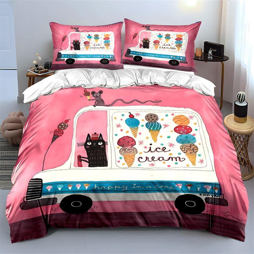 Ice Cream Truck with Cat Print Bedding Duvet Cover Set Duvet Cover Pillowcases (1*Duvet Cover 2*Pillowcases, Without Duvet Insert)