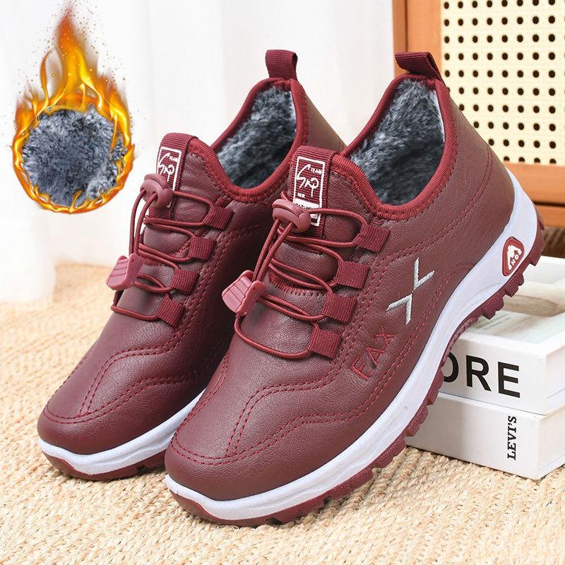 Winter Thickened Women's Beijing Cotton Shoes Leather Surface Waterproof Warm Fleece Lined Anti-slip Comfortable Booties