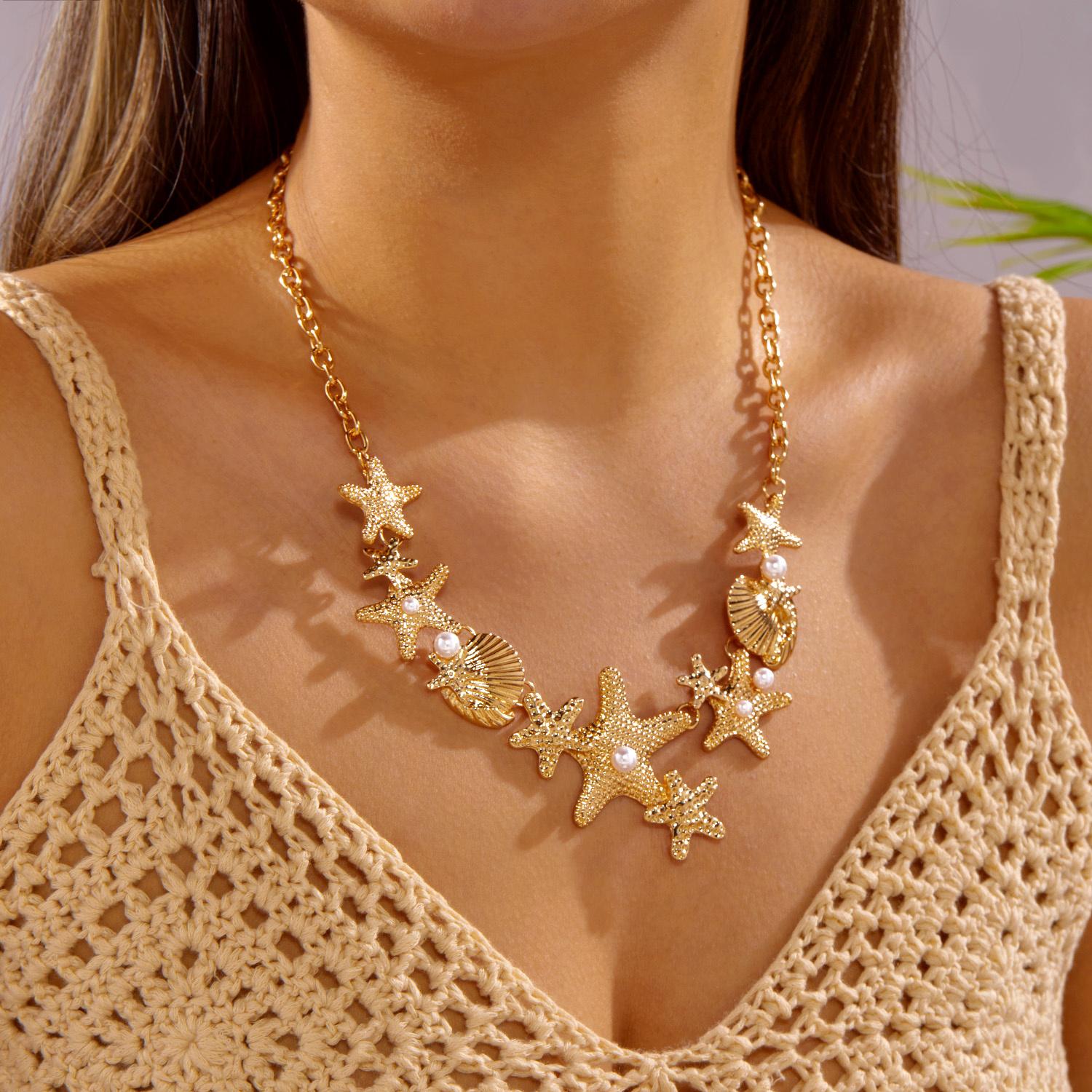 

Boho Exaggerated Metal Starfish Shell Pearl Necklace for Women Ocean Coral Scallop Pendant Necklace Summer Beach Jewelry Gift