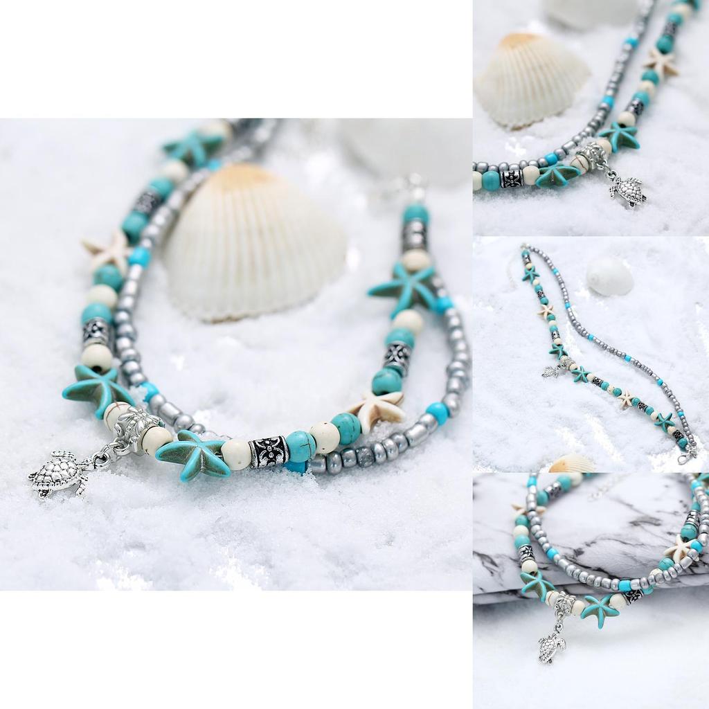 Cool Vintage Blue Starfish Shell Anklet With Turtle Charm For Beach Holiday
