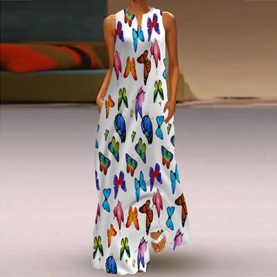 Women's A-line Dress Maxi Long Sleeveless Colorful Printed Autumn and Winter V-neck, Elegant and Retro Style