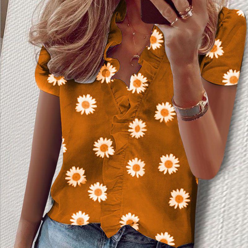 Stylish Women's V Neck Ruffle Short Sleeve T Shirt With Fashionable Daisy Print
