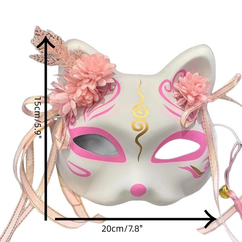 Anime Demon Fox Mask Hand-Painted Japanese Mask Half Face Flower Mask Masquerade Festival Ball Kabuki Kitsune Masks Cosplay Prop