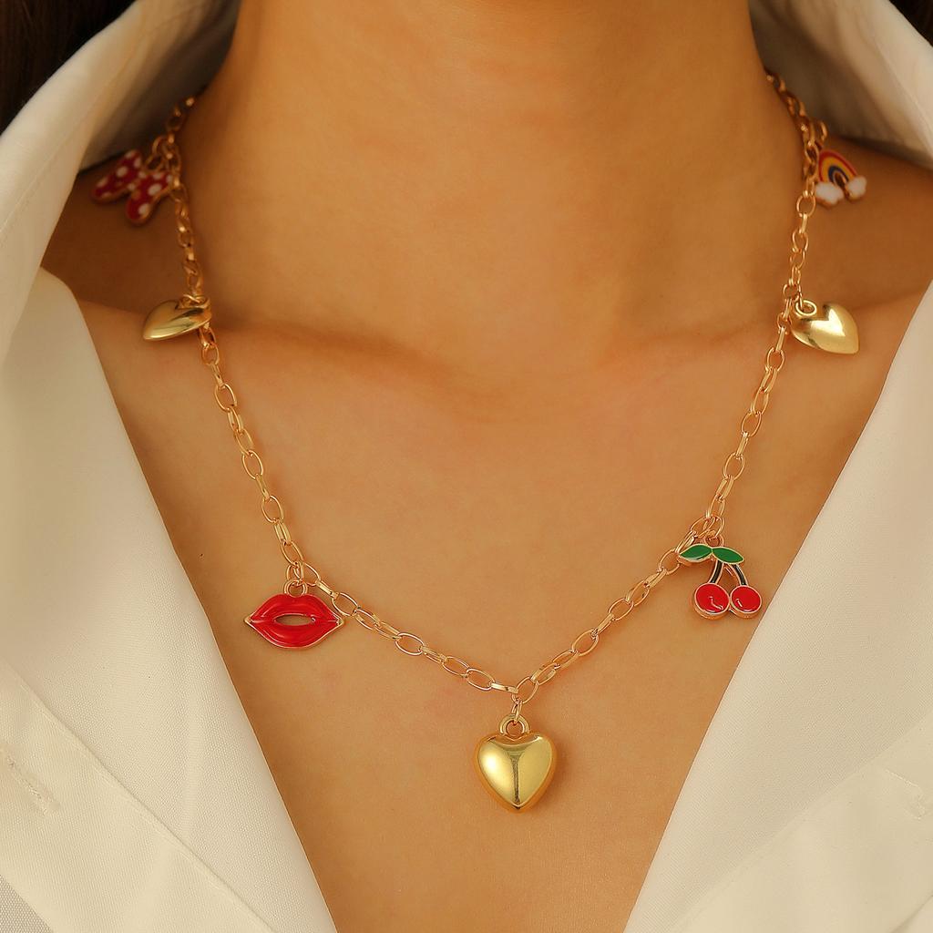 Multi Charm Chain Necklace with Rainbow Heart Butterfly and Lips Pendants for Women