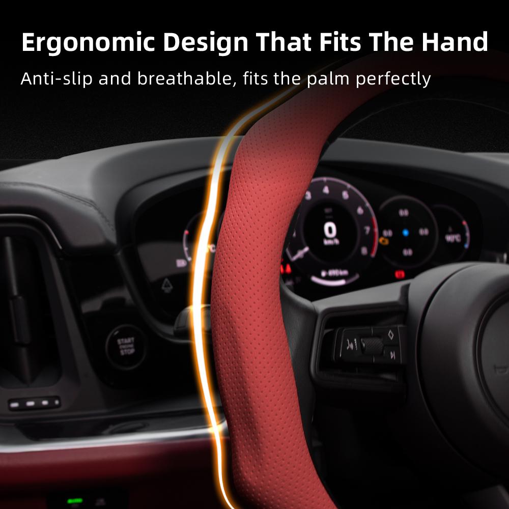 Suitable for Jeep Perforated Leather Steering Wheel Cover, Non-Slip, Sweat-Absorbent, Breathable, Integrated Snap-On Protective Case for Wrangler