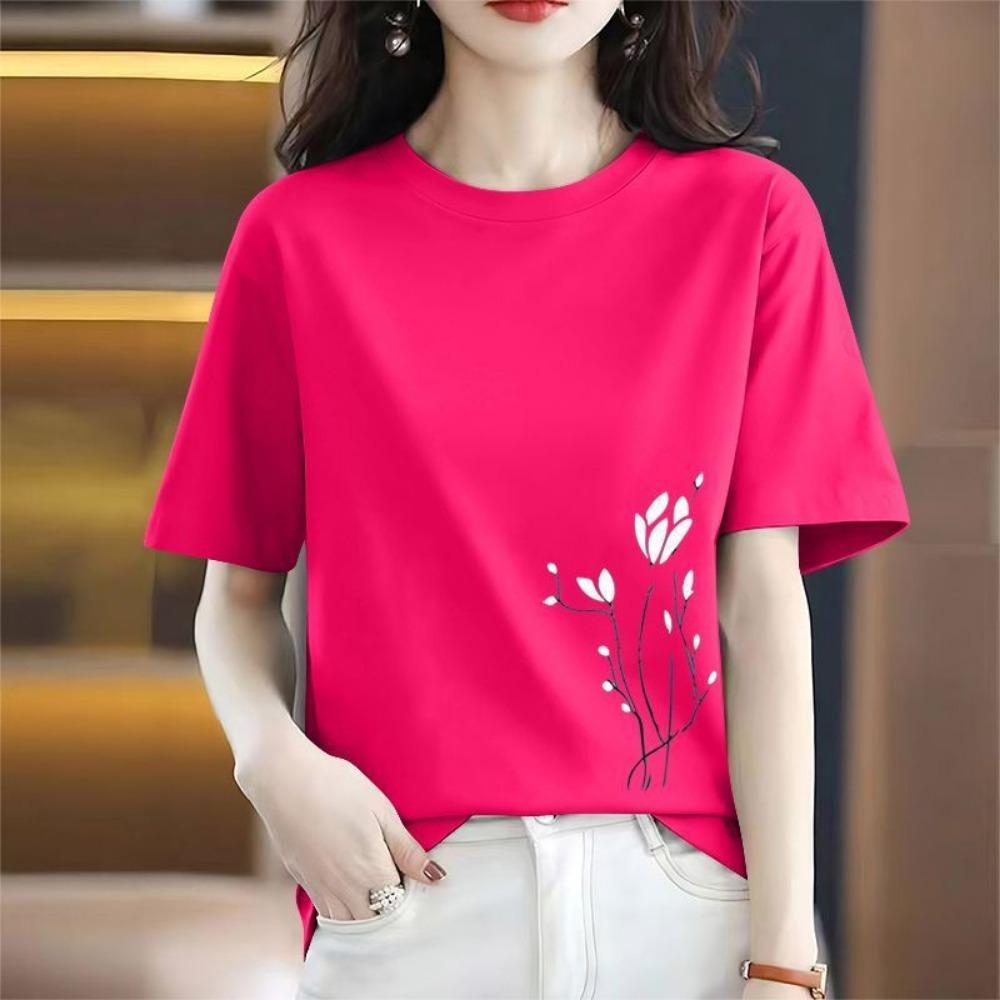 Women's Loose Fit T Shirts 2026 Summer Solid Printed Short Sleeve Round Neck Casual Top Plus Size Women Clothing T Shirt Women