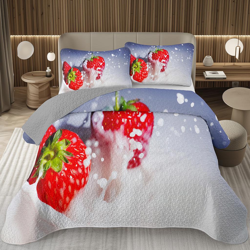 Strawberry Bedspread Kawaii Fruit Coverlet Twin King Size Cute Strawberries Quilt Set For Kids Girls Teens Adult Bedroom Decor