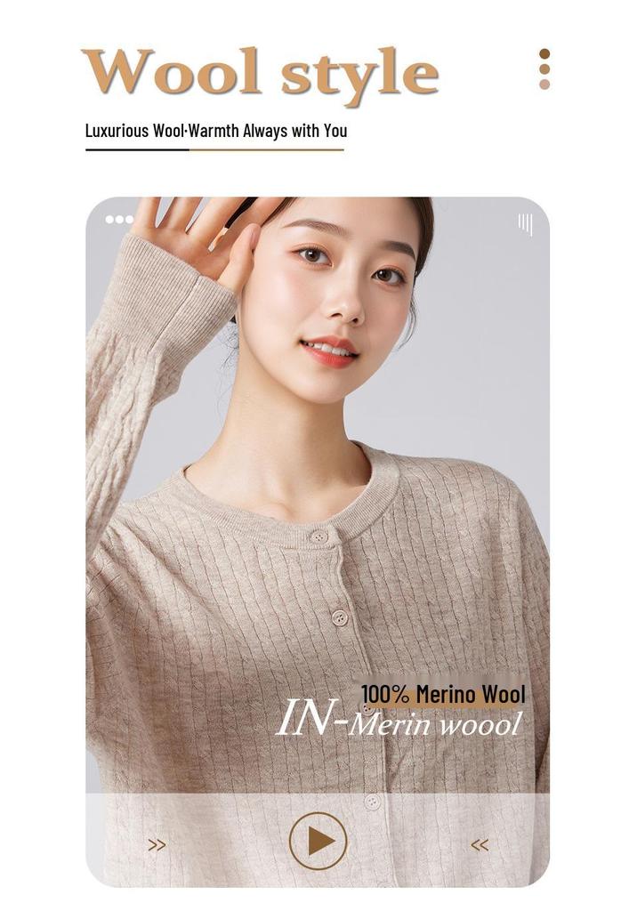 Women's 100% Pure Merino Wool Round Neck Cardigan Coat, Early Autumn 2026, Long Sleeve Sweater