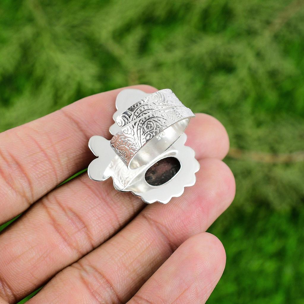 Mothers day Sale 925 Silver Natural Rhodonite Bezel Statement Wife Ring Jewelry