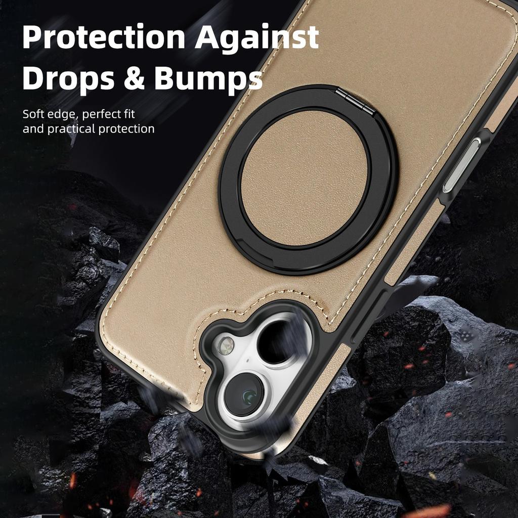 For iPhone 17 Case with Ring Kickstand Compatible with MagSafe PU Leather Back Cover