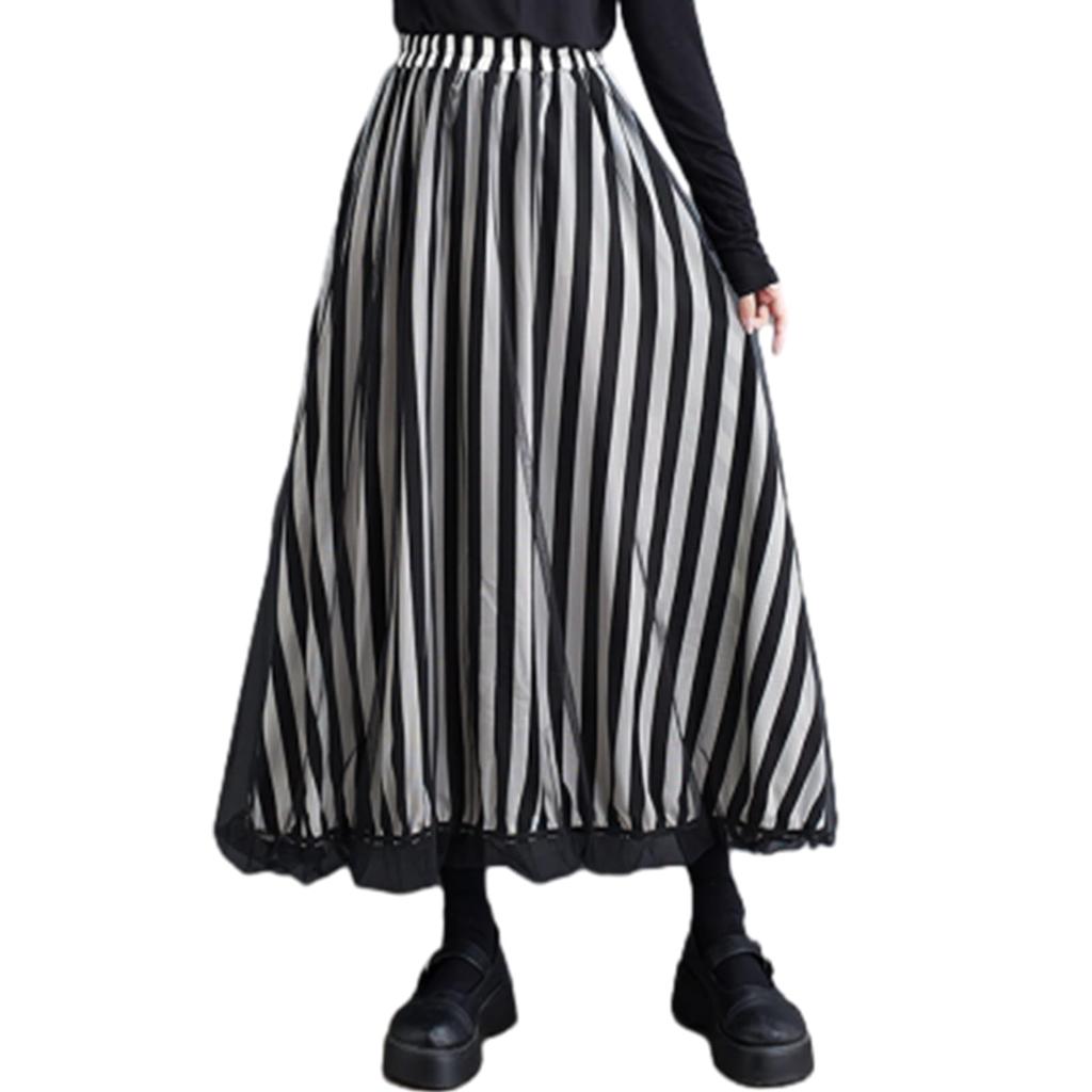 ORWZDCO Langer bedruckter Tüllrock mit elastischem Streifen- und Pünktchenmuster, locker, perfekt für den Alltag und den Winter, Damen, hoch tailliert, A-Linie, Taille, Muster,
