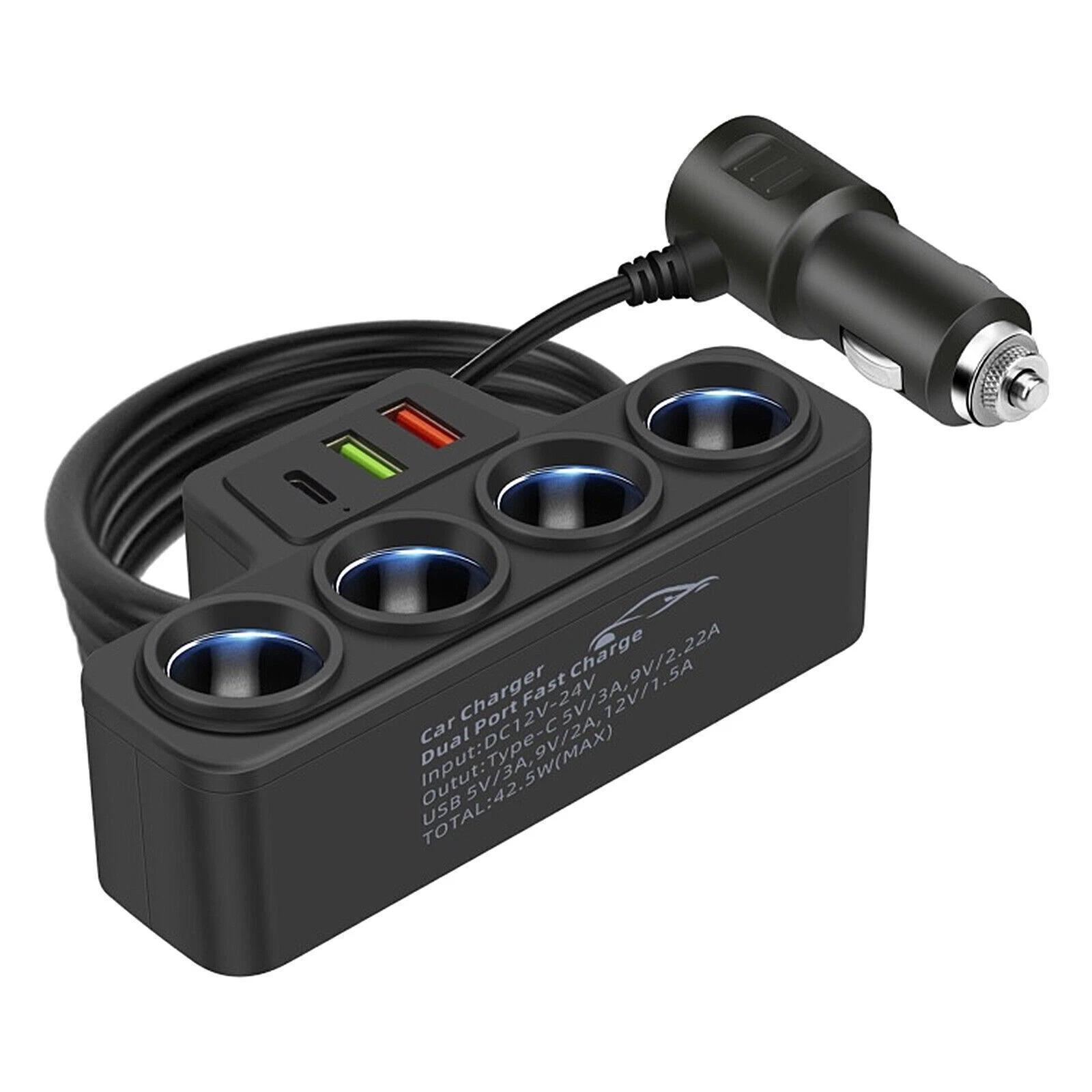 

7-в-1 4-канальный 12 В автомобильный прикуриватель-разветвитель, быстрое зарядное устройство, адаптер питания чёрный