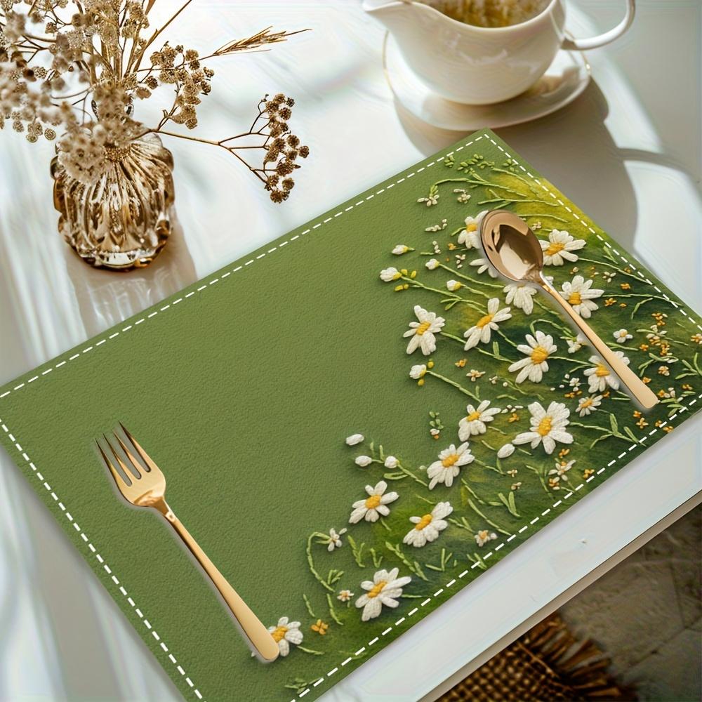 Green Daisy Flower Placemats Nature Floral Table Mats Set Washable Kitchen Dining Decor Linen Coaster