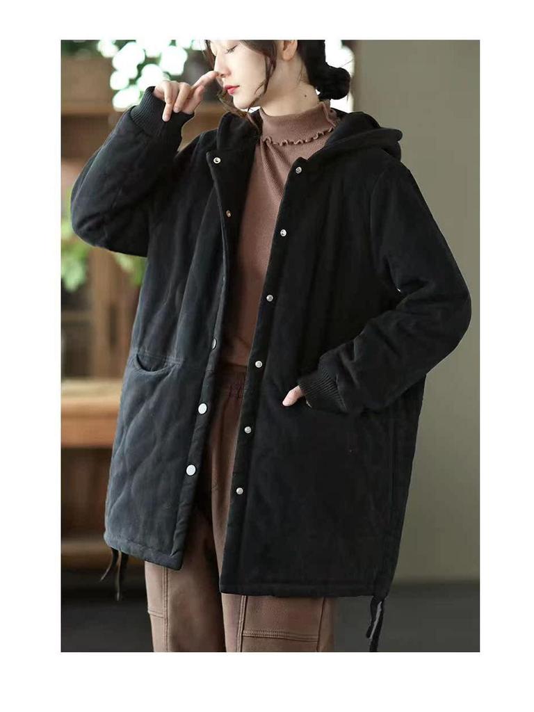 Women's Retro Padded Cotton Jacket: Autumn/Winter Hooded, Round Neck, Long Sleeve, Loose Fit, Plus Size Casual Top.