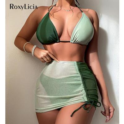 3 STÜCKE Mit Rock Spleißen Neckholder Bikini Damen Badeanzug Damen Bademode Dreiteiliges Bikini-Set Badegast Badeanzug Schwimmen