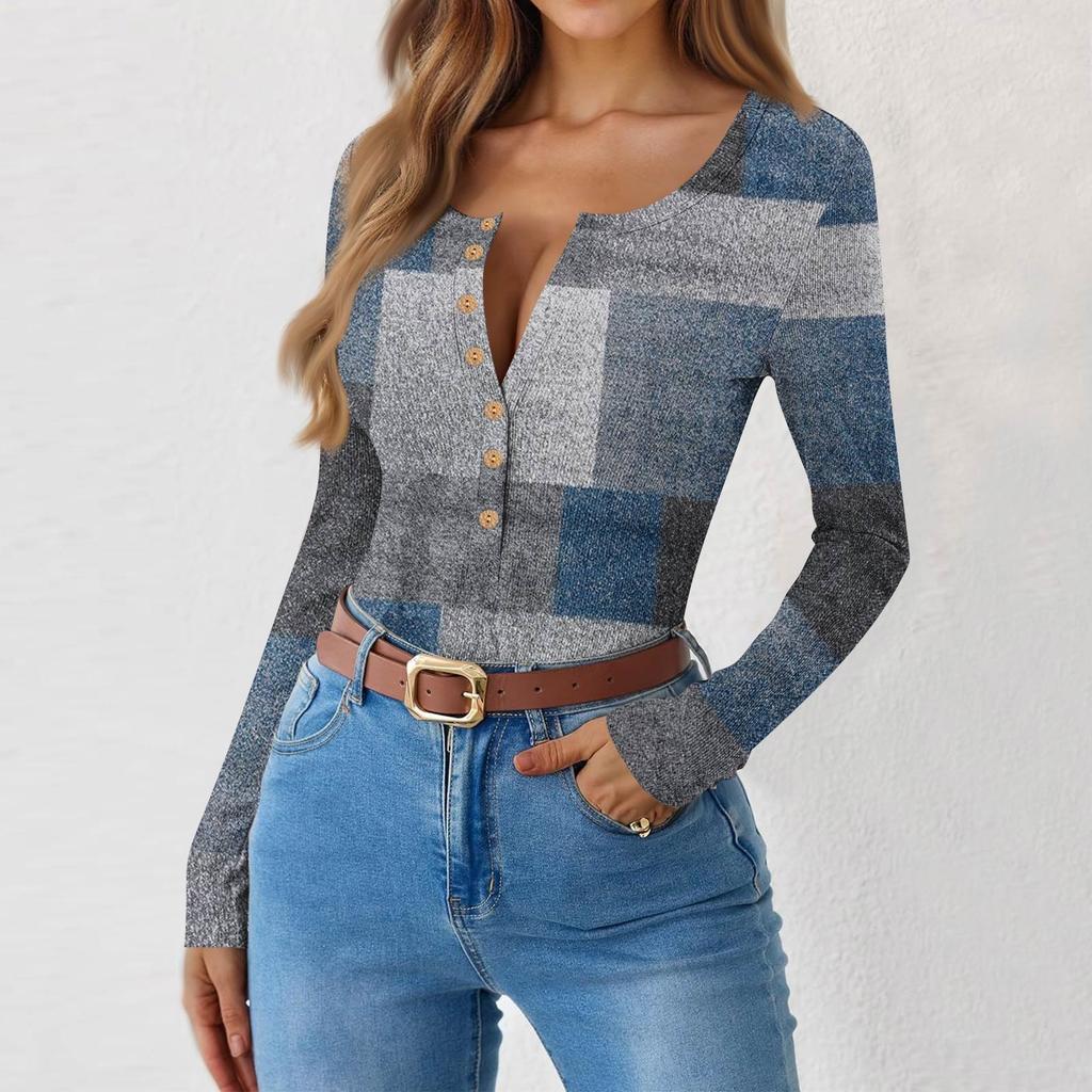 Women's Slim Bottom T-shirt Fashion Casual Gradient Printing Round Neck Pullover Long Sleeve Top