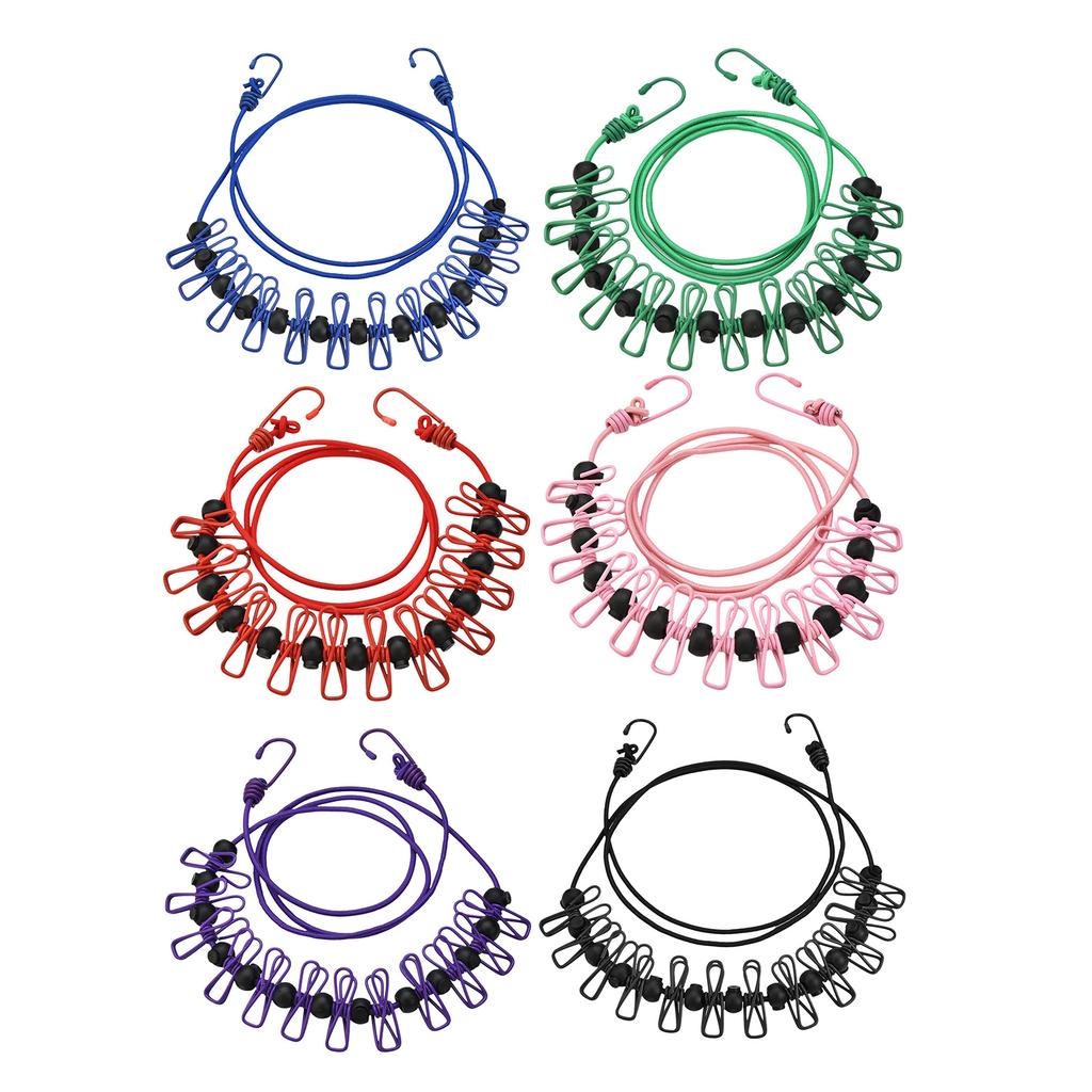 Adjustable Retractable Airer Windproof Rope with 12 Clip Stretch Clothesline Elastic Clothesline Travel Washing Line