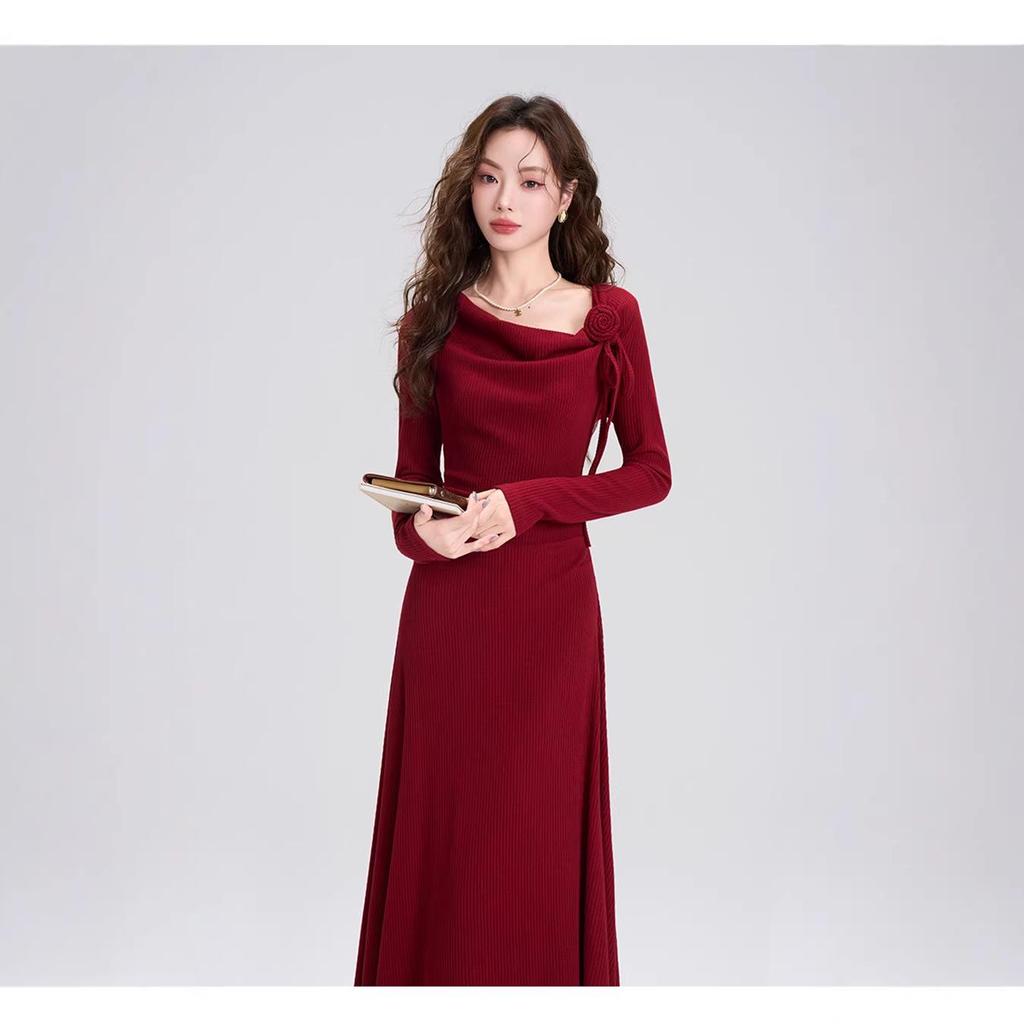 Elegant Women's Autumn & Winter French Dress 2025 - New Christmas & New Year's Red Outfit