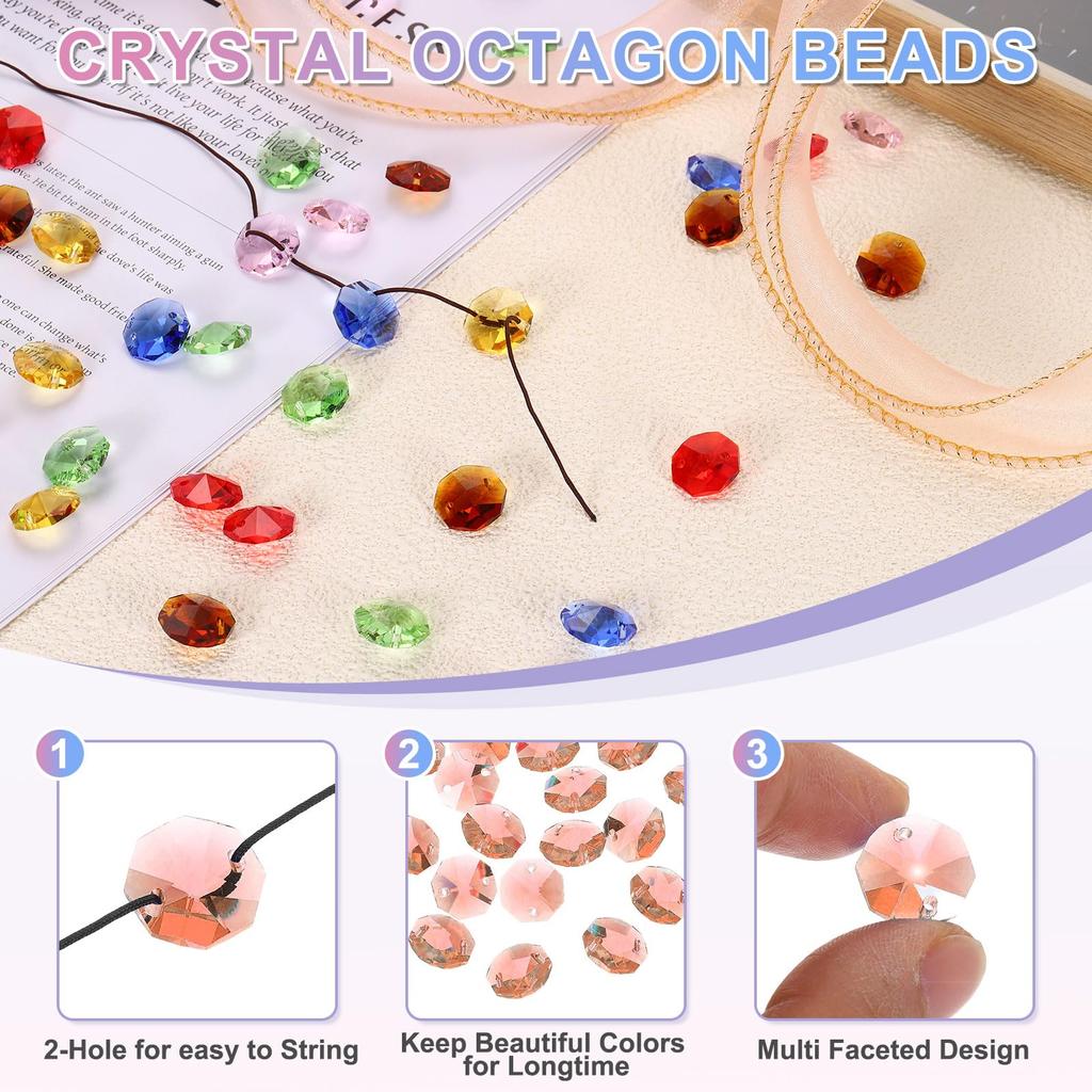 uxcell 70pcs 14mm Crystal Octagon Beads, 2-Hole Glass Suncatcher Beads, Chandler Prism Parts, Pendants for Home DIY Arts and Crafts, Light Red