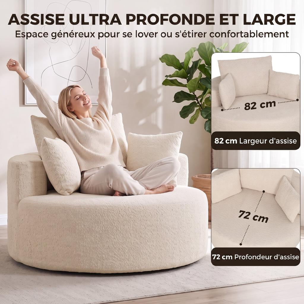 Round Chenille Ottoman Sofa, 2 Cushions, Backrest, Bolster, Load 250 kg, 130 x 130 x 82 cm, Cream