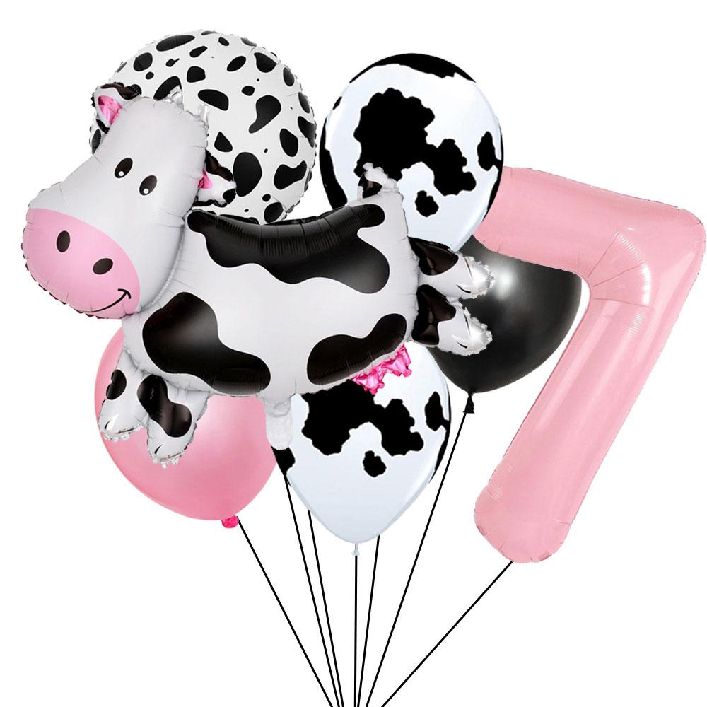 7pcs Cartoon Cow Balloon Pink Digital Balloon Set Baptismal Supplies Children's Gifts Birthday Party Decoration Photography Prop