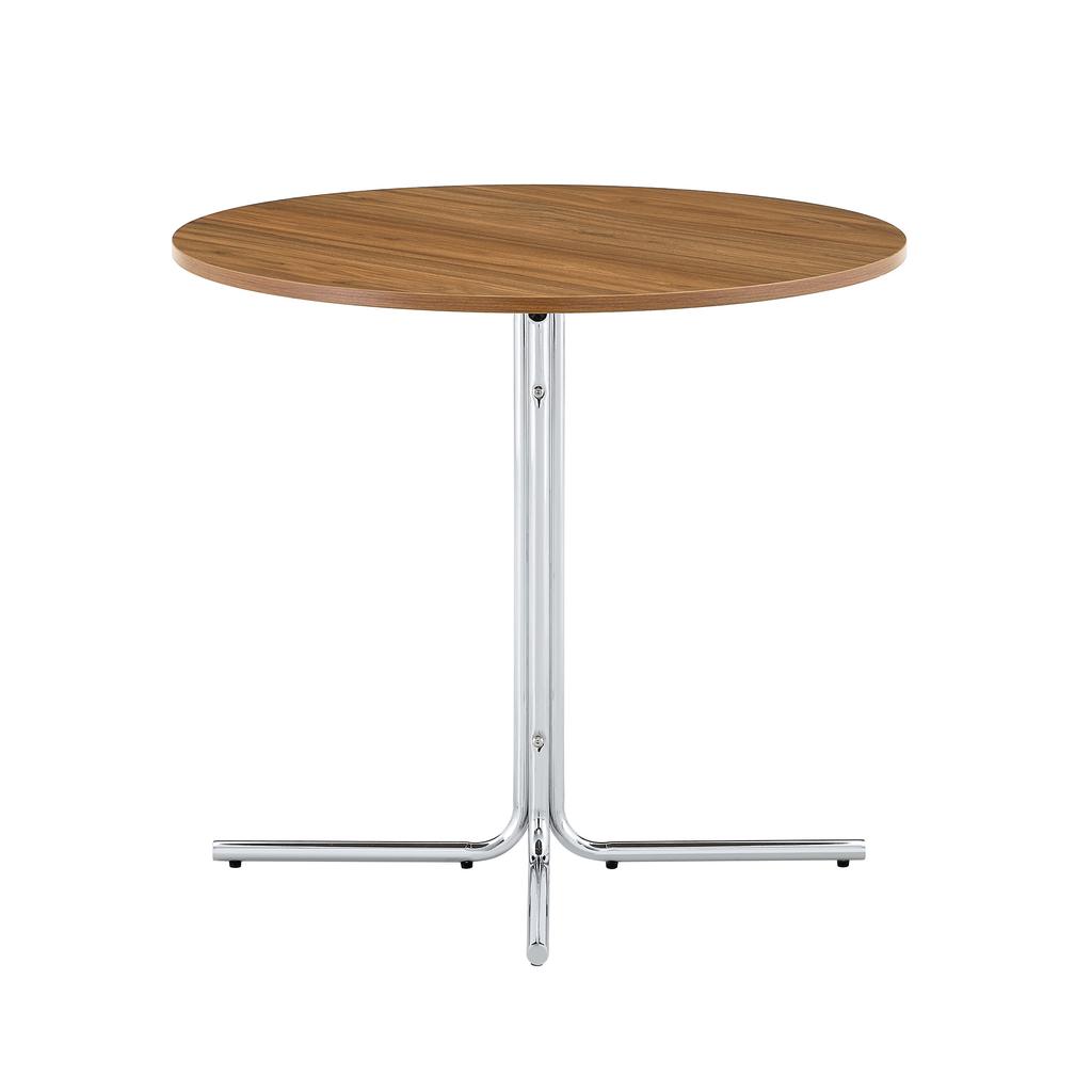 Round modern side table, walnut MDF tabletop, chrome-plated 3-leg metal frame, for living room, dining room, balcony and office, minimalist design