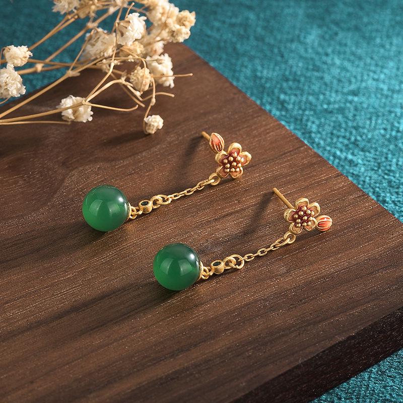 Guochao Cloisonné Enamel Stud Earrings with Natural Chalcedony Tassels
