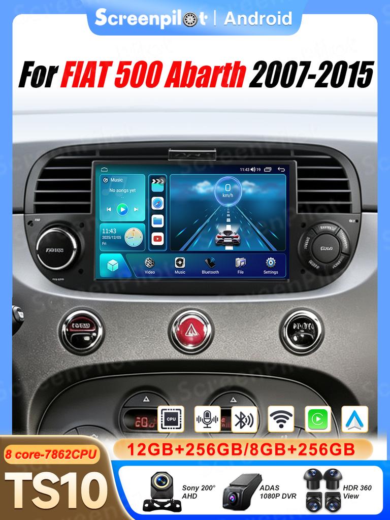 7 Inch Android 16 For FIAT 500 Abarth 2007-2015 Car Radio Stereo Head Unit Multimedia Video Player GPS Navigation 8 Core 5G RDS