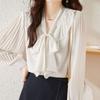 Navava Women Elegant Ribbon Neck Shirred Long Sleeve Blouse Nb3013
