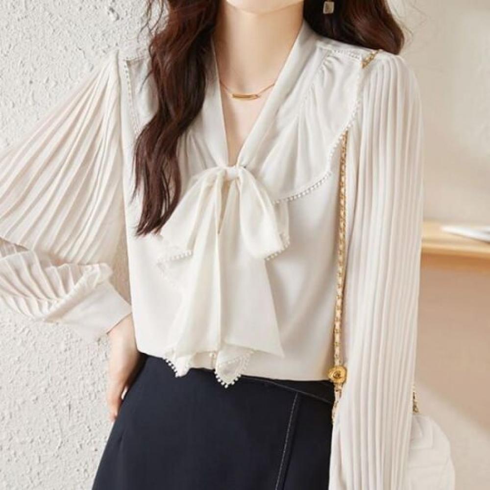 Navava Women Elegant Ribbon Neck Shirred Long Sleeve Blouse Nb3013