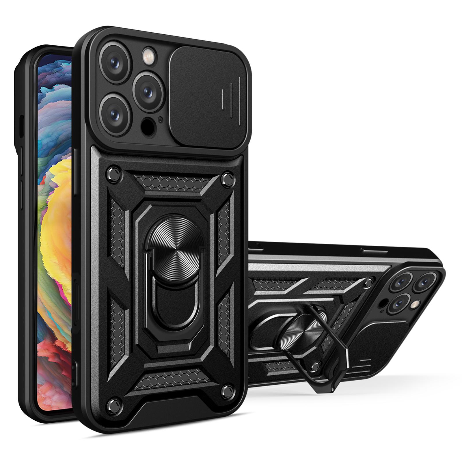 

For iPhone 16 Pro Case with Slide Camera Lid PC+TPU Kickstand Phone Cover Black
