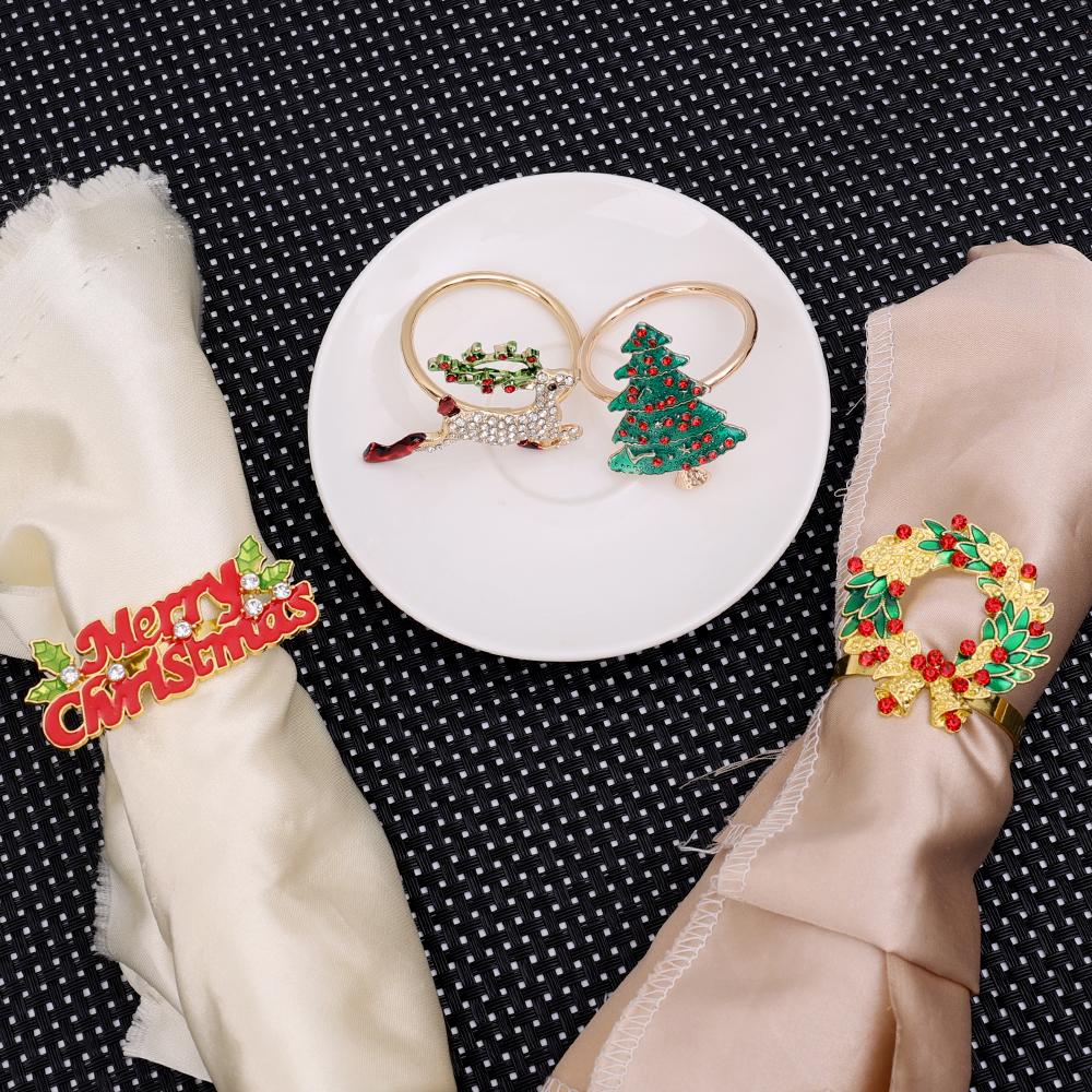 Christmas Napkin Ring Holders Metal Xmas Tree Elk Napkin Buckle Home Christmas New Year Party Dinner Table Decoration Supplies
