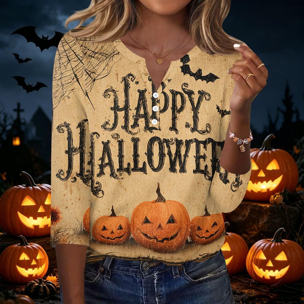Women V Neck Button Three Quarter Sleeve Top Halloween Print Casual Loose Fit T Shirt for Daily and Holiday Wear