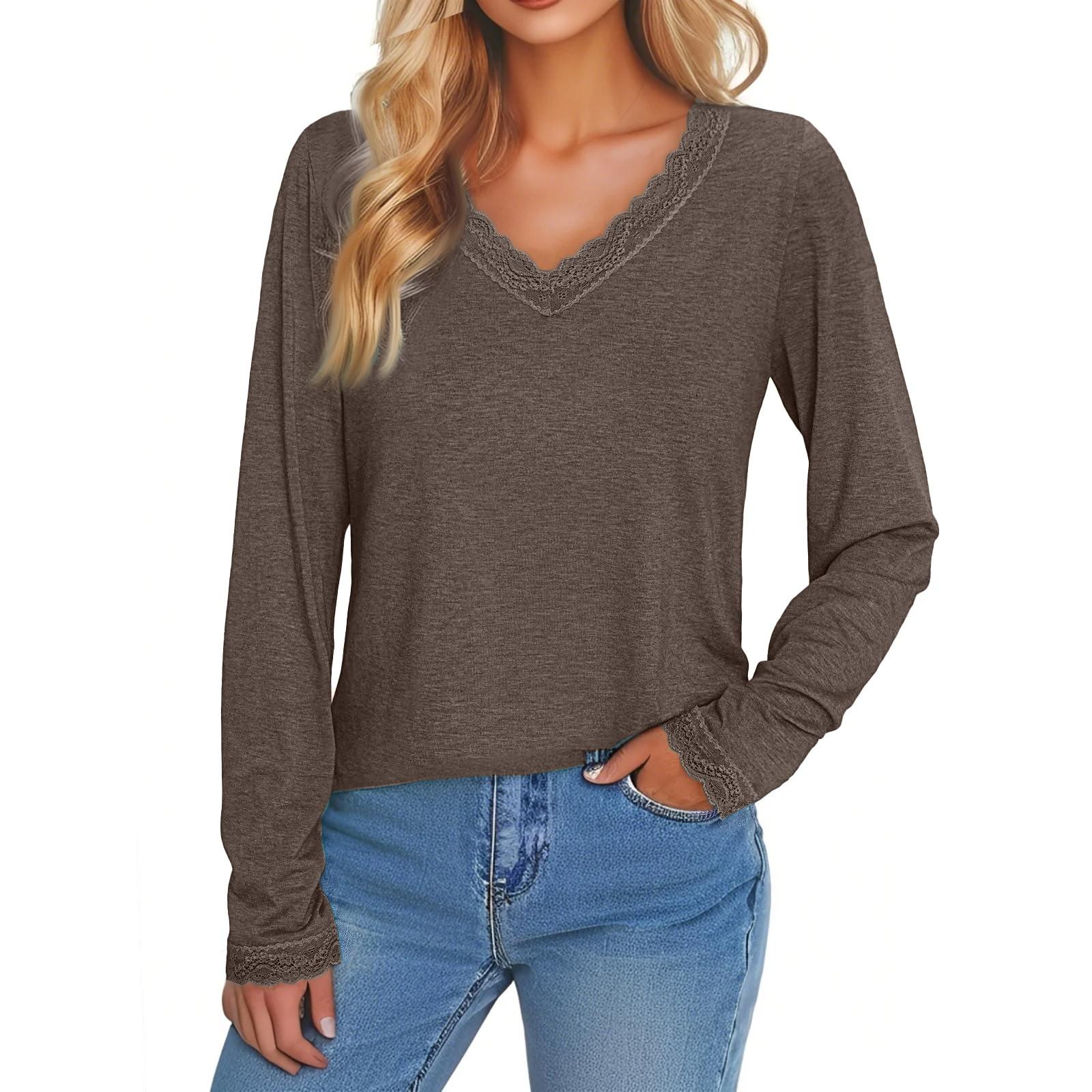 

Женская повседневная мода с длинным рукавом, однотонная кружевная отделка, V-образный вырез, облегающий топ с Т-образными рукавами M кофейный