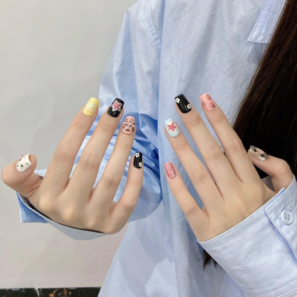 HANDMADE Artificial Nail Hand-painted Rhinestone Stars Summer Sweet Girl Phototherapy Nails Fake Nails Reusable and Removable Nails