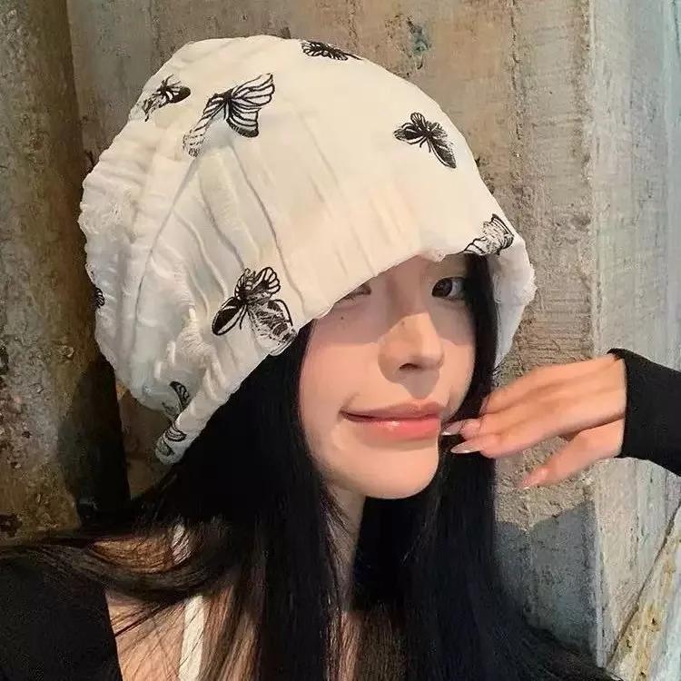 Autumn Winter Warm Bonnet Girls Elastic Skull Caps Korean Baggy Beanie Hats Hip Hop Streetwear Butterfly Pullover Hat