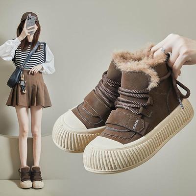 Women's High-Top Sneakers Outdoor Slip-On Faux Fur Lined Snow Boots Casual Lace Up Ankle Booties Winter Warm Shoes Plush Lined Short Boots for Female