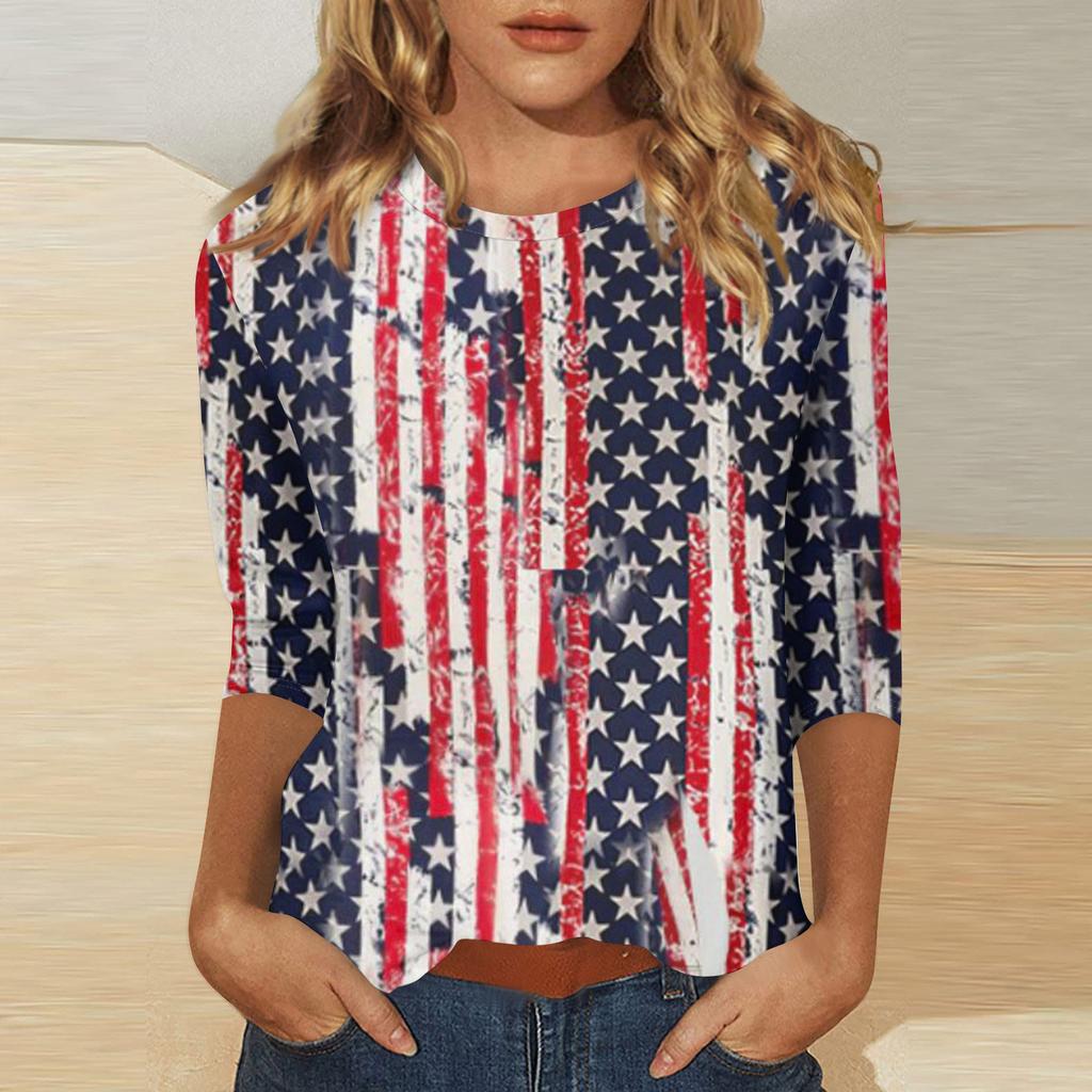 Women’s Patchwork Star Print Casual Round Neck Half Sleeve Loose Fit Pullover Top for Everyday Wear