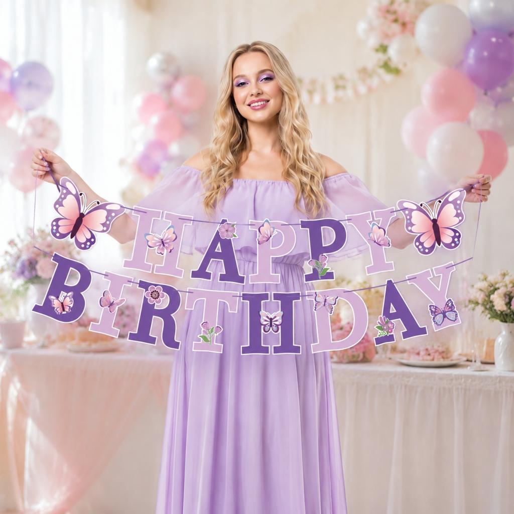 Butterfly Party Theme Happy Birthday Banner Garland for Birthday Party Decoration Indoor Outdoor Use