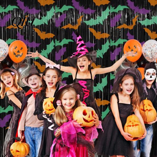 Halloween Backdrop Curtain Foil Fringe for Halloween, Orange Purple Black Background Shiny Tinsel Photo Booth Props, Pumpkin Ghost Bat Party