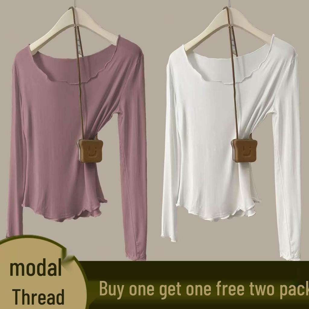Women's Autumn Modal Ribbed Top: Round Neck, Long Sleeve, Rolled Hem, Base Layer T-Shirt