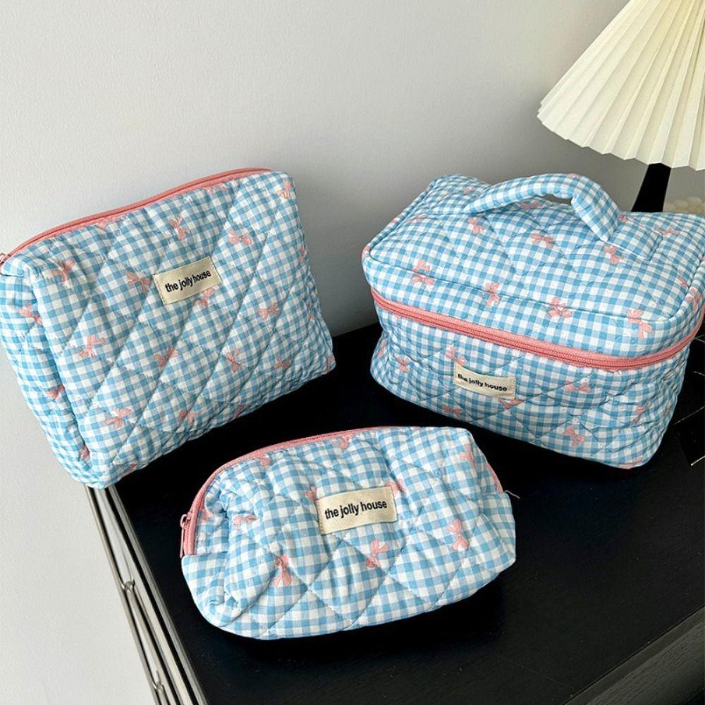 Korean Style Lattice Cosmetic Bag with Zipper Portable Makeup Bag Creative Cute Storage Bag  Women