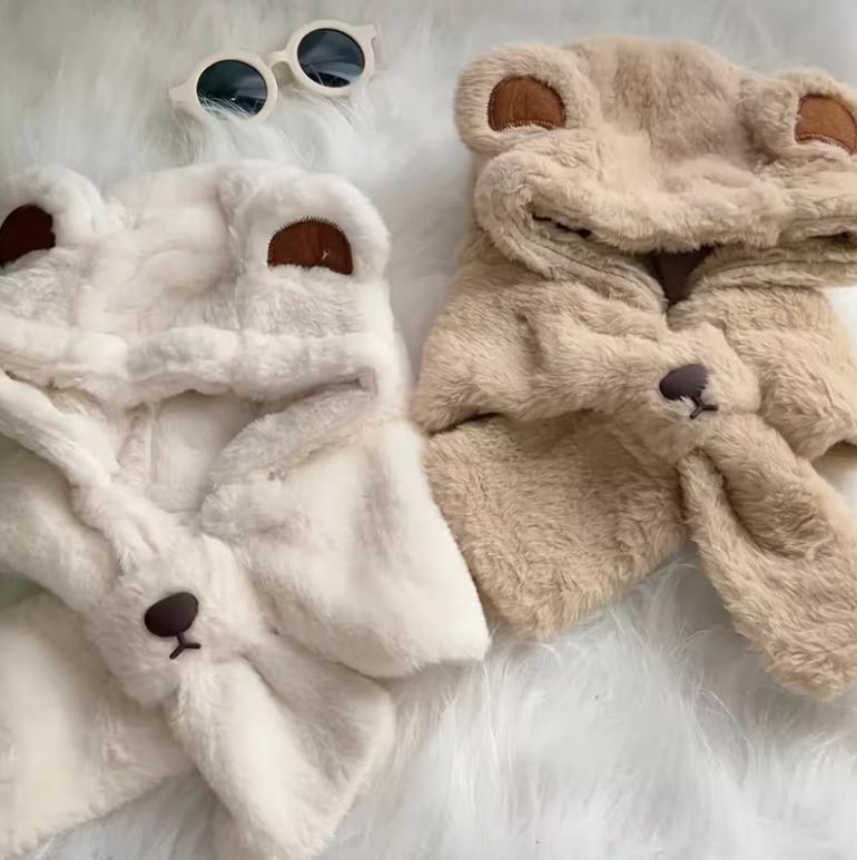 2-6Y Kids Cartoon Bear Hooded Hat and Scarf Combo - Thickened Warm Ear Protection for Skiing, Parties, Outdoor Activities
