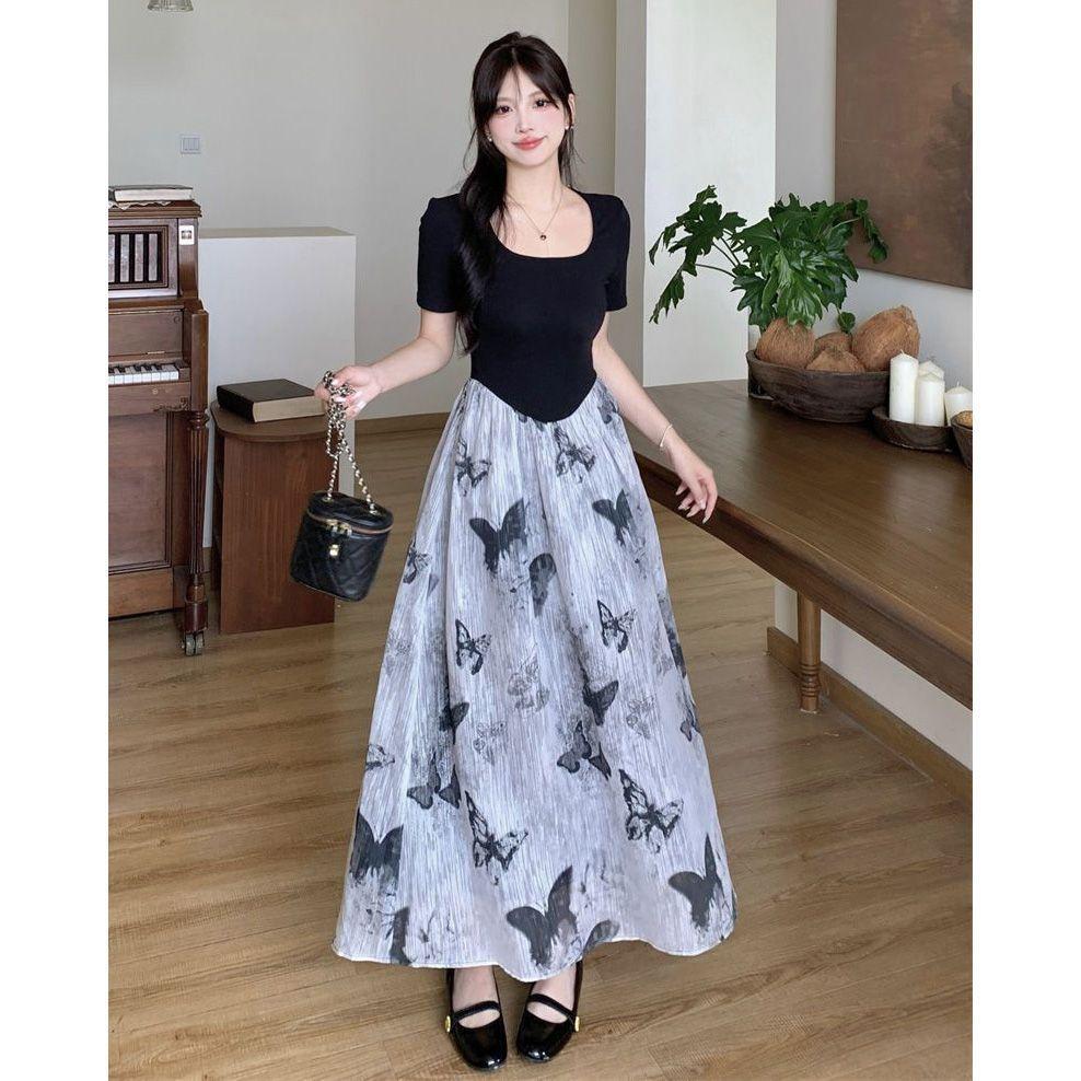 Large size women's clothing fat mm retro ink painting butterfly printing long dress women's niche design waist fake two-piece dress