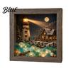 Holiday Gift for Friends Christmas Sea Glass Shadow Box Night Light 3D Winter Snow Scene Wooden Wonderland Decor Art Frame with LED Warm Glow,