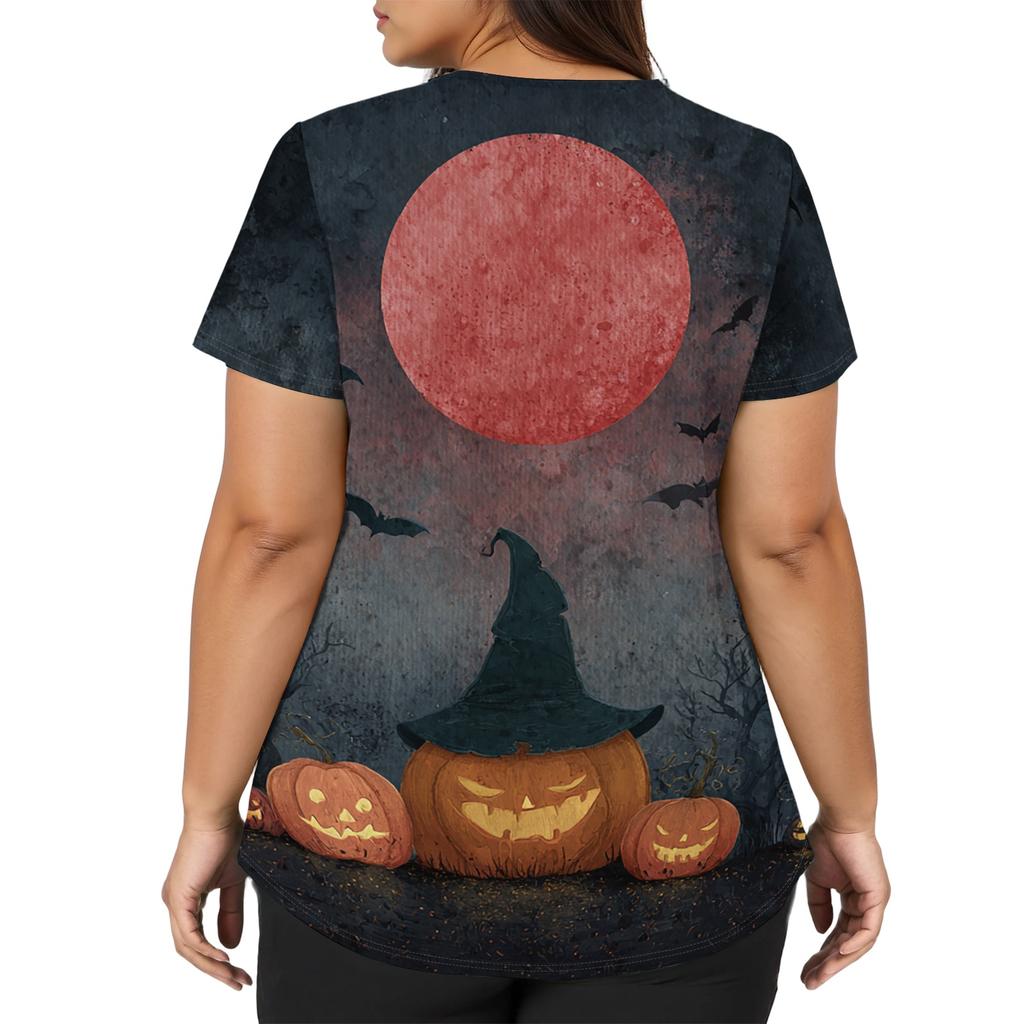 Halloween Print V Neck Short Sleeve Nurse Top with Double Pockets and Side Slits Suitable for Healthcare Workers and Caregivers