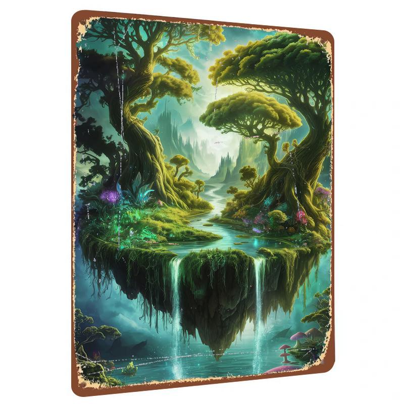 

Fantasy Floating Forest Metal Wall Art Mysterious Landscape Waterfall Home Decor Painting 20x30cm（7.8x11.8inch）